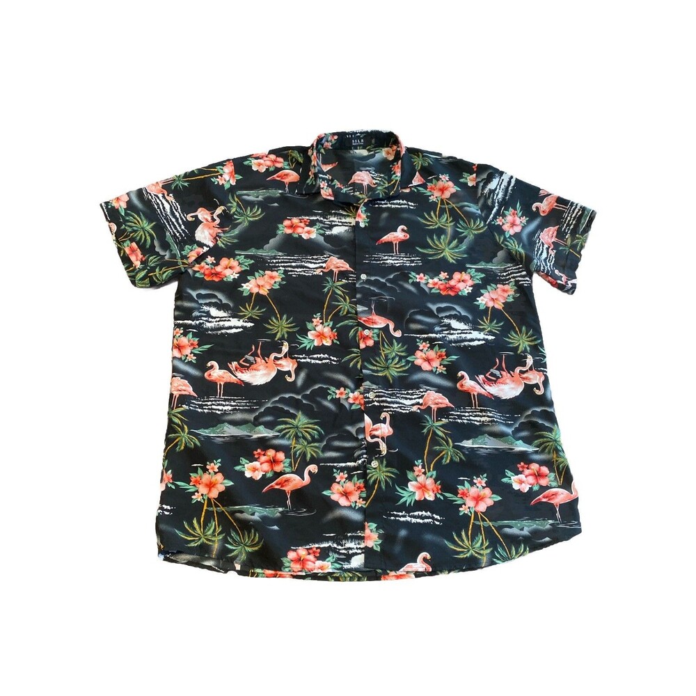 Mens Hawaiian Shirt 2XL Beachwear Night Scene Flamingo Palm Trees Hibiscus